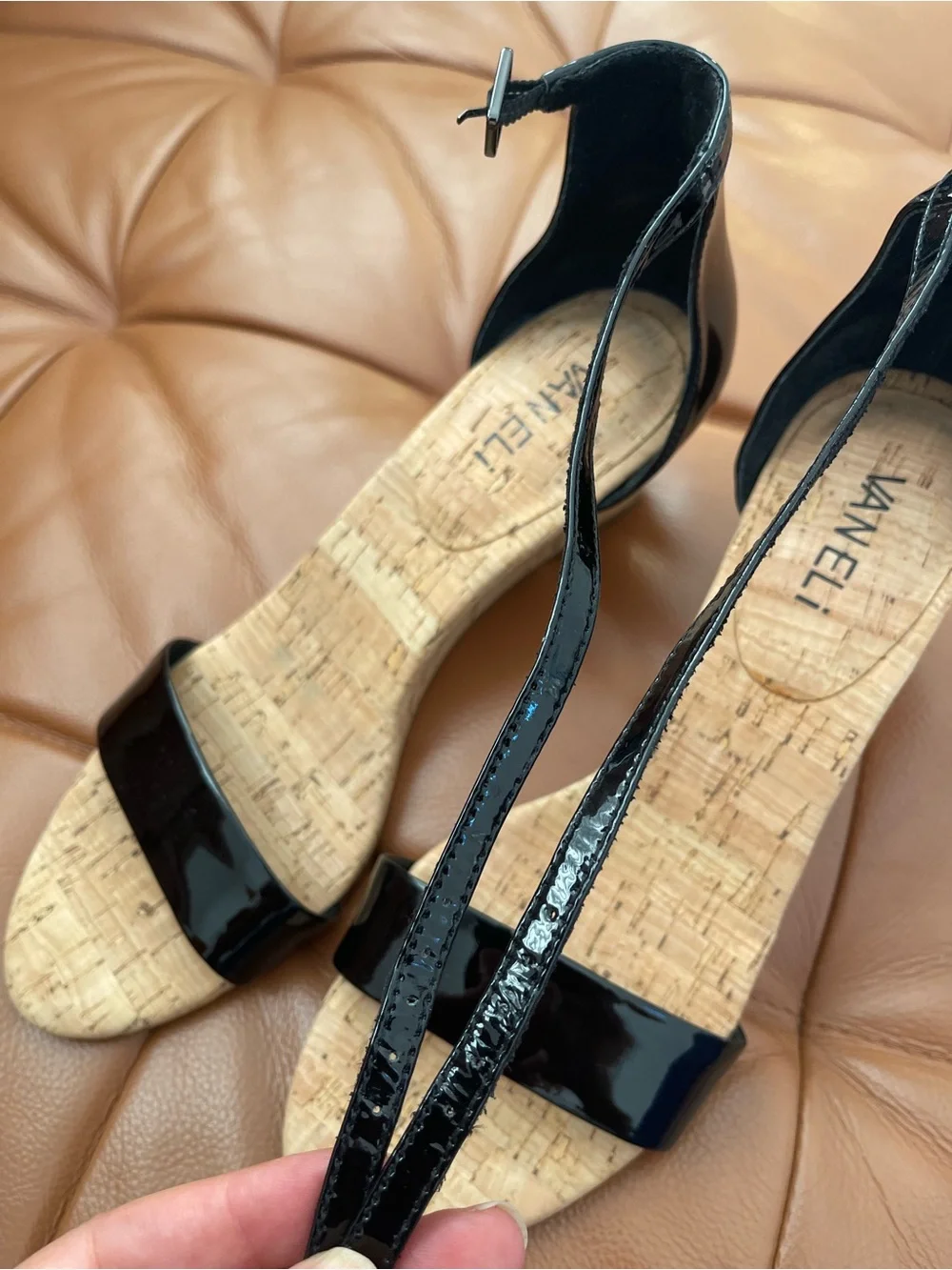 Vaneli Black Patent Cork Wedge Sandals with Ankle Strap women’s size 8